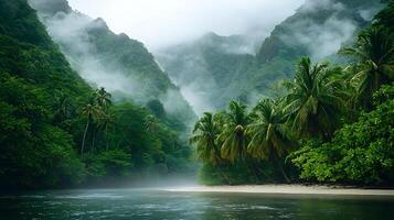 Serene Tropical Paradise Misty Mountains and Palm-Lined Shore. photo