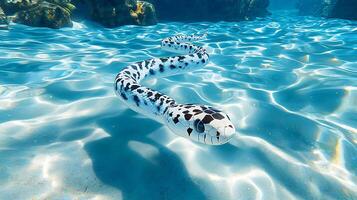 Aquatic Serpent A Black and White Snake Swims Through Crystal Clear Water. photo