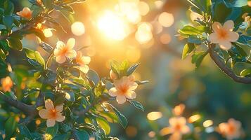 Golden Hour Blossoms Peach-Colored Flowers Illuminated by Warm Sunlight. photo