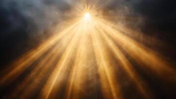 Golden Light Rays Breaking Through Smoke or Clouds. A Dramatic, Atmospheric Background Image. photo