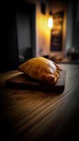 Golden Brown Empanada on Rustic Wooden Board. A close up image of a freshly baked empanada. photo