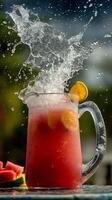 Refreshing Watermelon Drink Splash in a Pitcher. A vibrant image of a pitcher of watermelon juice with a splash of water, garnished with orange slices. photo