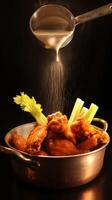 Delicious Buffalo Wings with Creamy Sauce Drizzle. A close up image of hot, spicy chicken wings being generously coated with a creamy sauce. photo