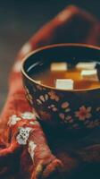 Close up of Miso Soup in a Decorative Bowl. A warm and comforting image perfect for blogs, websites, or cookbooks. photo