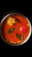 Top view of a bowl of delicious, vibrant red South Indian tomato soup, garnished with spices and herbs. photo