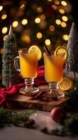 Two mugs of warm, spiced cider garnished with lemon and cinnamon sticks, set against a festive Christmas background. photo