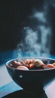Steaming Bowl of Hearty Stew with Soft Boiled Eggs. A close up image of a delicious and comforting meal. photo
