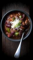 A Bowl of Hearty Chili with Cheese and Green Onions. This overhead shot shows a delicious and comforting bowl of chili. photo