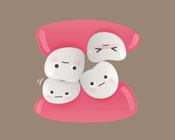 Cute cartoon showing crooked teeth and gum discomfort with emotional expressions. vector