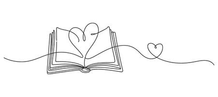 Continuous Line Drawing of Open Book and Heart Shapes Symbolizing Love for Reading Education and the Power of Stories in a Minimalist Style vector
