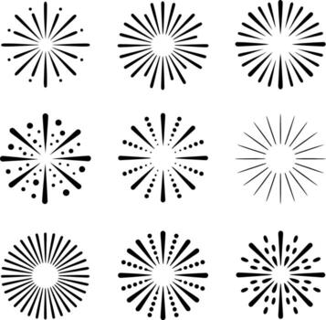 conjunto de nueve negro y blanco rayos de sol diseño elementos con variar línea grosor y punto patrones para gráfico diseño proyectos y ilustraciones vector