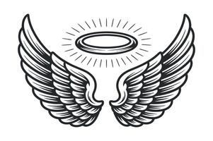 Elegant Angel Wings with Halo Illustration Symbol of Spirituality Religion and Divine Protection Perfect for Graphic Design and Tattoo Art vector