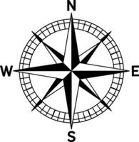 Simple Black and White Compass Rose Illustration with North South East and West Labels on a White Background vector