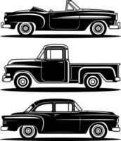 Three Classic American Cars in Black and White Silhouette Style A Convertible a Pickup Truck and a Sedan Representing Automotive History vector