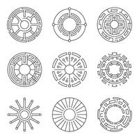 Collection of nine abstract circular designs featuring geometric patterns technology elements and maze like structures presented in a clean and modern line art style vector