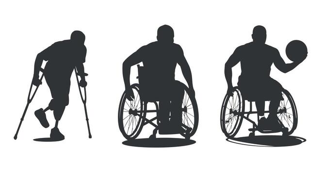 Silhouettes of People with Disabilities Wheelchair Users and Person Using Crutches Symbolizing Inclusion Accessibility and Support for Individuals with Mobility Challenges vector