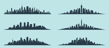 Six Cityscape Silhouettes with Varying Skyline Designs in Dark Gray Against a Light Blue Background Representing Urban Environments and Architectural Diversity in a Minimalist vector