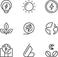 Renewable Energy and Sustainability Icons Set in Line Style Featuring Sun Lightbulb Leaves Solar Panel Battery and Globe for Eco Friendly Solutions vector