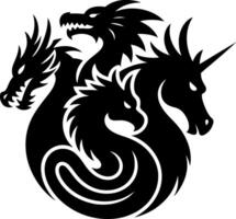 Four Headed Dragon Hydra Unicorn Silhouette Illustration in Black and White Fantasy Creature Emblem Mythical Beast Symbol Tattoo Design Graphic vector