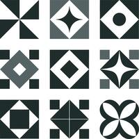 Collection of Nine Geometric Tile Designs in Shades of Gray Featuring Squares Triangles Circles and Star Shapes on a White Background vector
