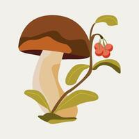 Mushroom with brown cap and red berries, autumn forest. For seasonal prints, kids books, or nature designs vector