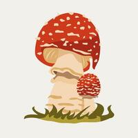 Red toadstools with white dots growing in grass. For fairy tale themes, kids prints, forest decor, or autumn cards. vector
