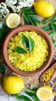 Aromatic Lemon Rice in a Clay Bowl A Vibrant and Flavorful Dish. photo