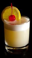 Close up of a Whiskey Sour Cocktail garnished with a lemon and cherry. photo