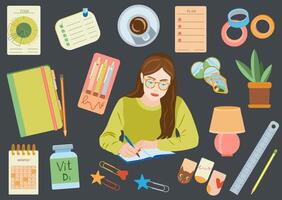 Student writing in a colorful workspace vector
