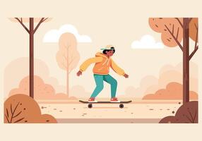 Skateboarder riding through autumn park vector