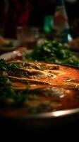 Close Up of Spicy Fish Stew with Fresh Herbs. A delicious and vibrant image perfect for food blogs, cookbooks, and restaurant menus. photo
