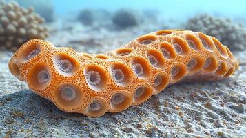 Intricate Orange Coral Structure on Ocean Floor. A detailed close-up of a unique coral formation in its underwater habitat. photo