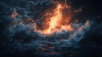 Dramatic Seascape Lightning Storm Over Turbulent Ocean Waves. A breathtaking image depicting a powerful storm at sea, with fiery lightning illuminating the raging waves. photo