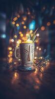 Tiki Mug Cocktail with Pineapple Garnish, Illuminated by Warm Lights. photo