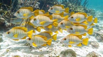 A School of Yellowstriped Grunts Swimming in a Coral Reef. These vibrant fish are a beautiful sight to behold in their underwater habitat. photo