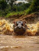 Hippopotamus Emerging from Water, Splashing and Creating a Dramatic Scene. photo