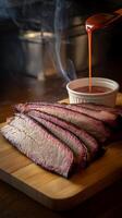 Smoked Brisket Slices with Barbecue Sauce Drizzle. A close up photograph of delicious, tender smoked brisket, sliced and ready to be enjoyed with a rich barbecue sauce. photo