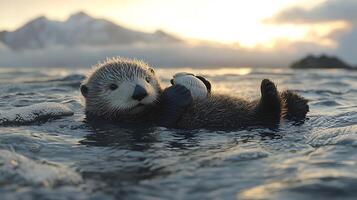 Sea Otter Pup at Sunset with Seashell. A charming image of a young sea otter floating peacefully in the ocean at sunset, holding a seashell. photo