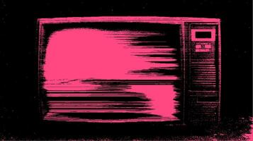 TV with static and glitch effects in retro style. Heavy grunge texture with black and pink monochrome, illustration. vector