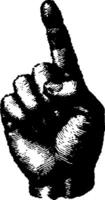Single human hand with extended index finger pointing upwards. Vintage black ink engraving illustration. vector
