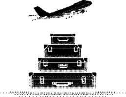 Airplane silhouette above a set of stacked suitcases in a halftone style. High contrast black and white illustration. vector