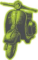 Scooter vespa Italian symbol in vintage style. Green textured illustration with ink outline and stylized graphic details. vector