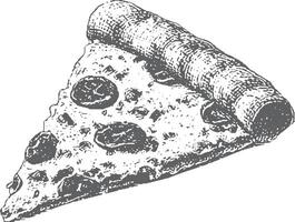 Pizza slice with cheese and pepperoni in vintage engraving style. Monochrome handdrawn illustration of iconic Italian food. vector