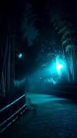 Enigmatic Night Scene Illuminated Path Through a Bamboo Forest. photo