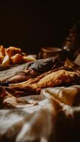 Golden Hour Fried Fish and Fritters A Culinary Still Life. photo