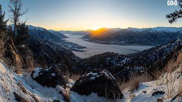 Majestic Sunrise over a Fog-Shrouded Valley in the Snow-Capped Mountains. photo