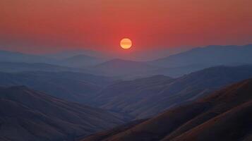 Serene Sunset over Rolling Hills A breathtaking landscape photograph of a vibrant sunset casting warm hues across a vast expanse of undulating hills. photo