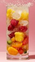 Refreshing Fruit Ice Cubes in a Glass, Splashing Water. photo