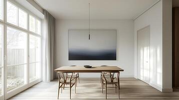 Minimalist Dining Room Interior Design Sunlight Streaming Through Large Windows. photo