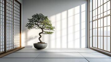 Serene Minimalist Room with Bonsai Tree and Shoji Screen. A tranquil interior design image perfect for meditation, relaxation, or spa-themed projects. photo